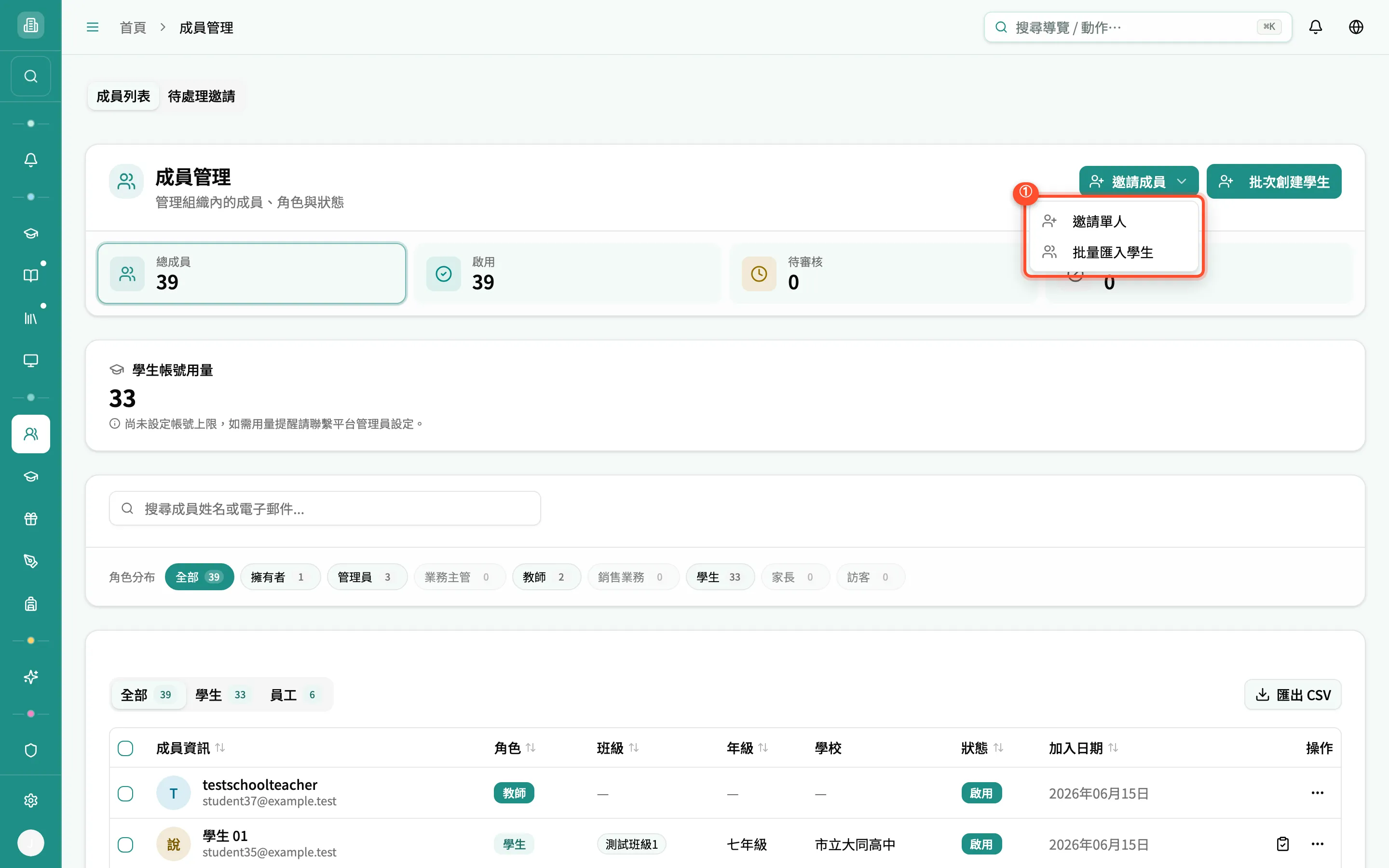 右上角邀請成員下拉選單