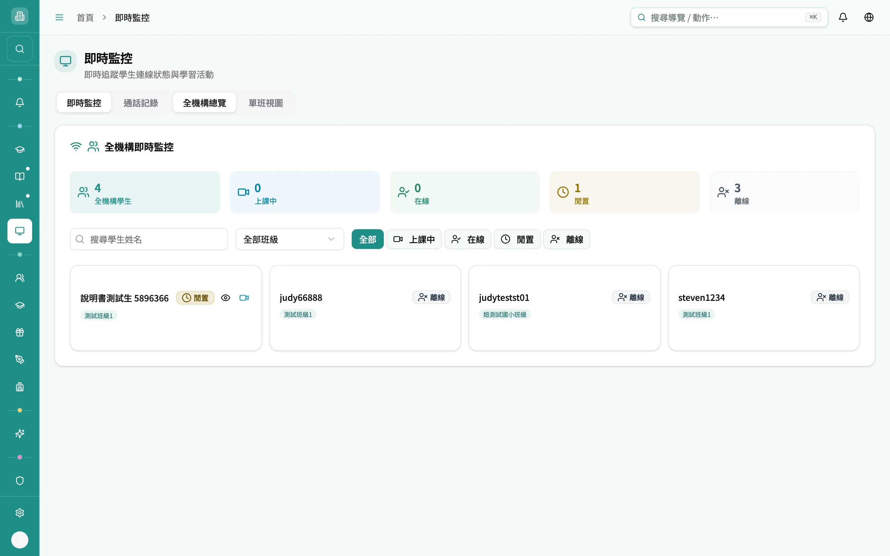 即時監控 — 測試學生顯示閒置（黃）