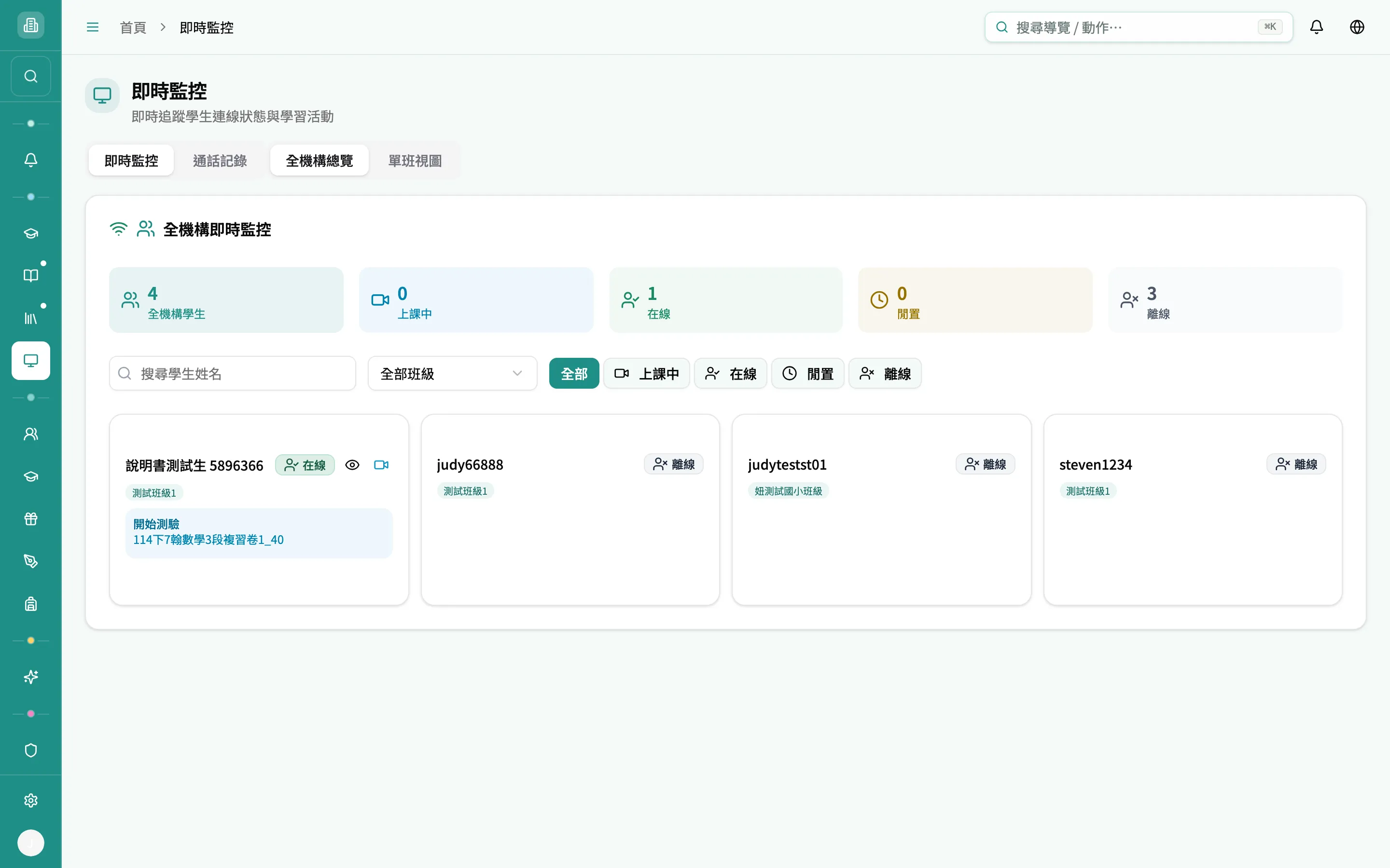即時監控 — 測試學生顯示在線（綠）並帶活動