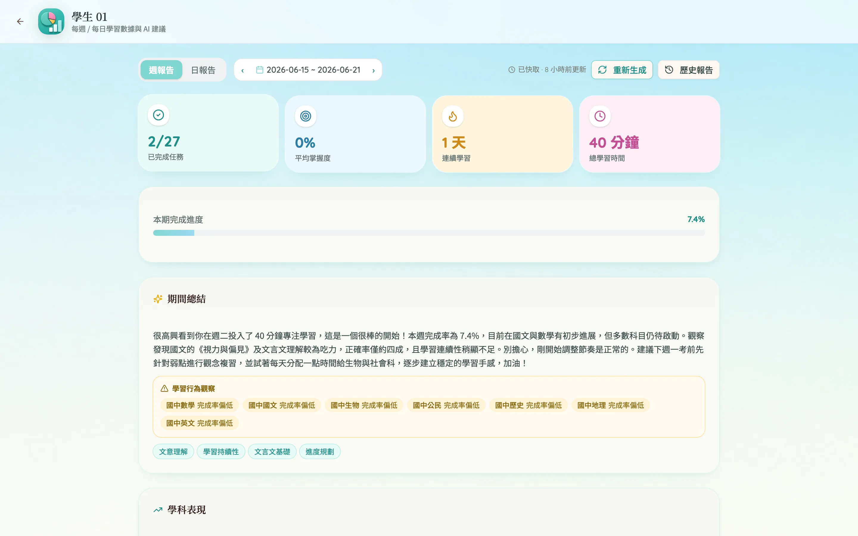 學習分析報告 — 週報告